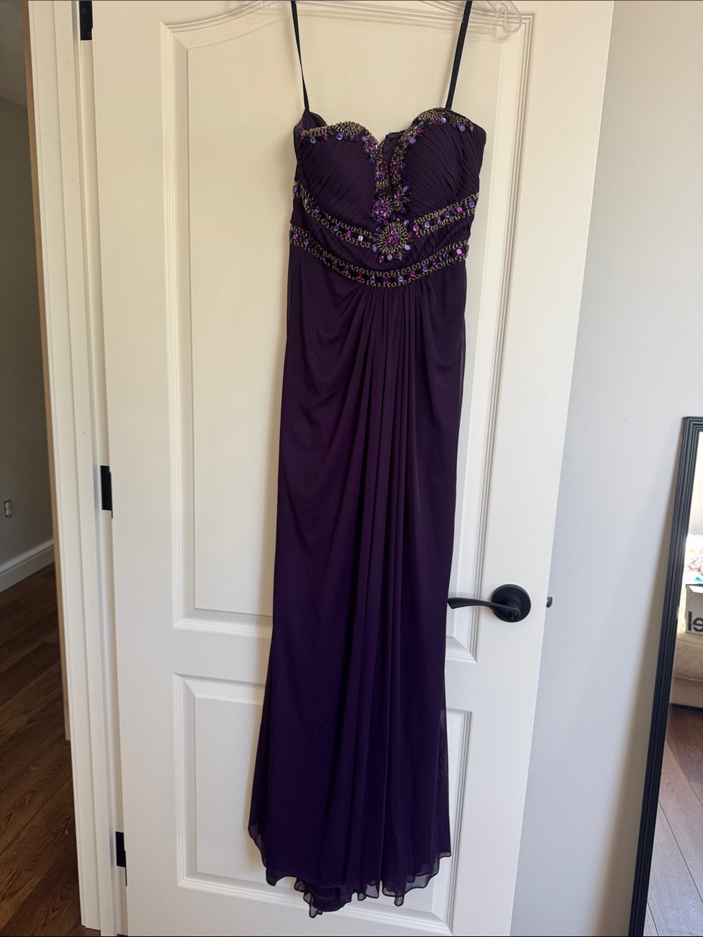 Bari Jay Purple Strapless Beaded Evening Gown